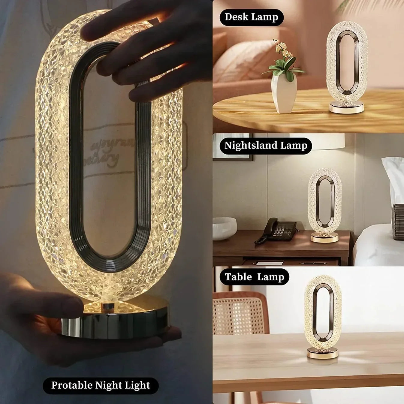 Crystal Elegance Lamp – Rechargeable, Dimmable, 3 Color Modes